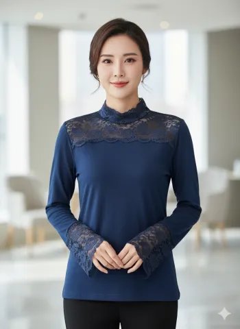 Maletă damă bleumarin cu dantelă la gât și mâneci