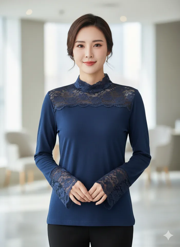 Maletă damă bleumarin cu dantelă la gât și mâneci