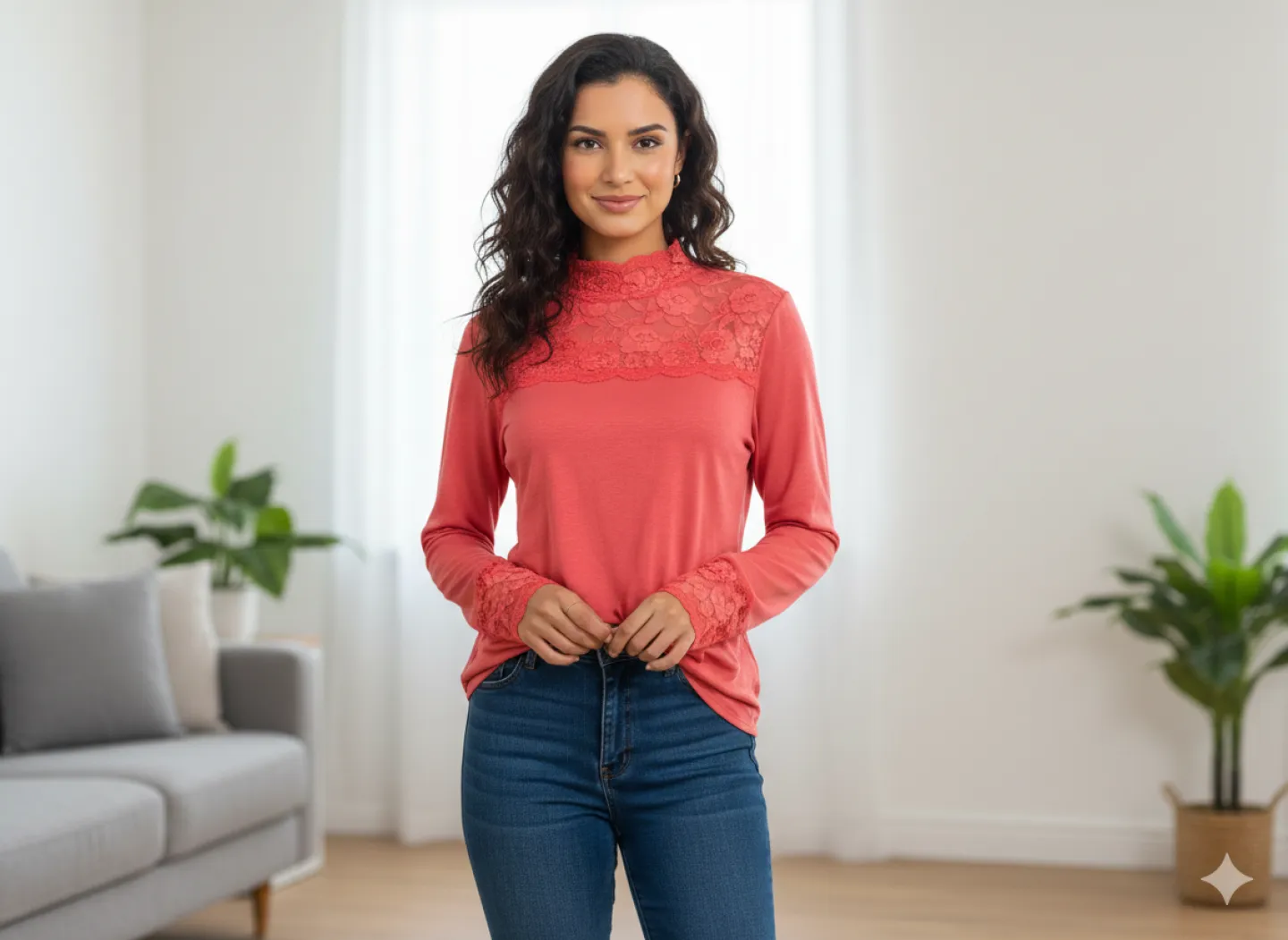 Maletă damă culoare piersică cu dantelă la gât și mâneci - 1