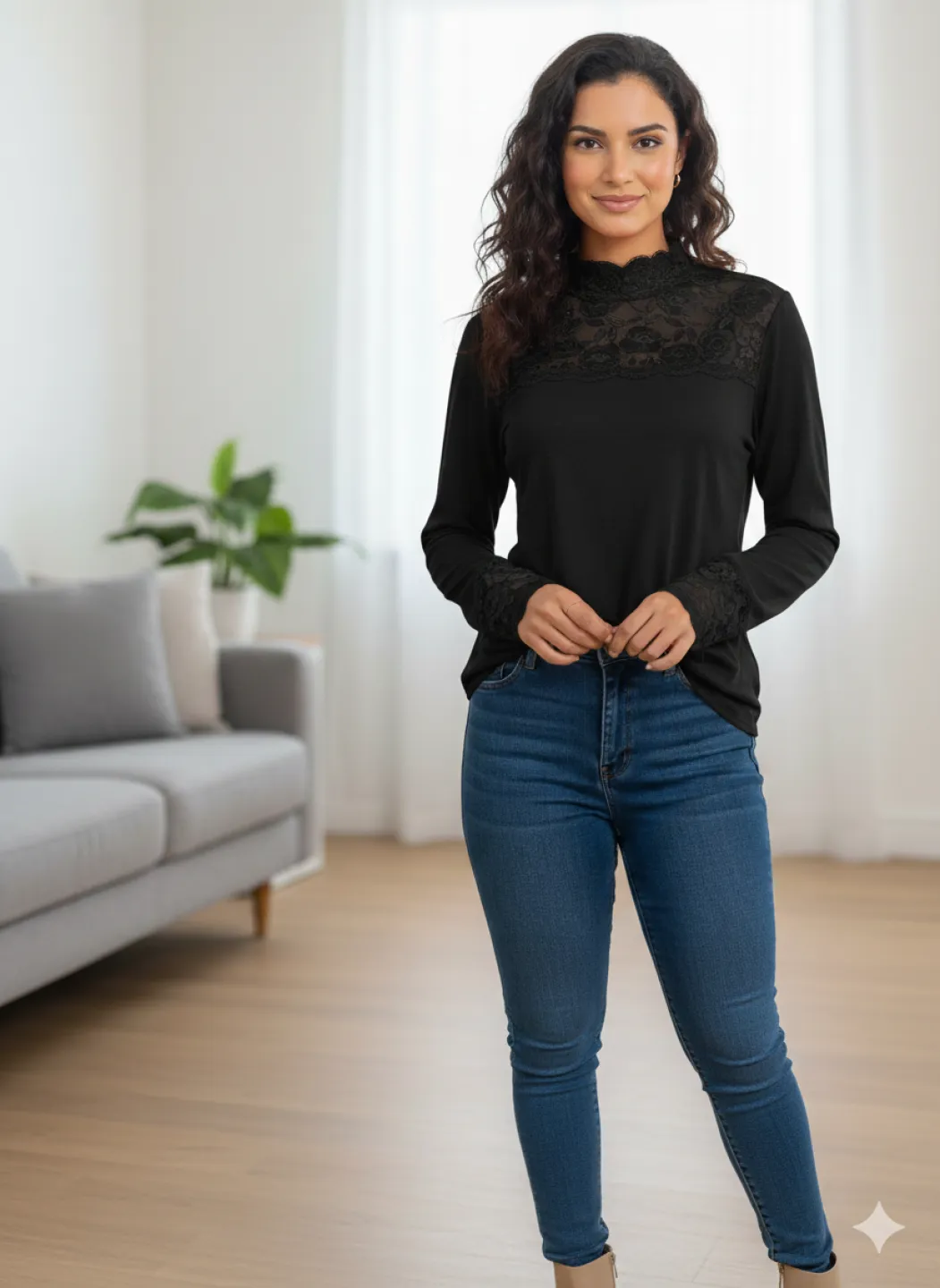 Maletă damă culoare maro cu dantelă la gât și mâneci - 1