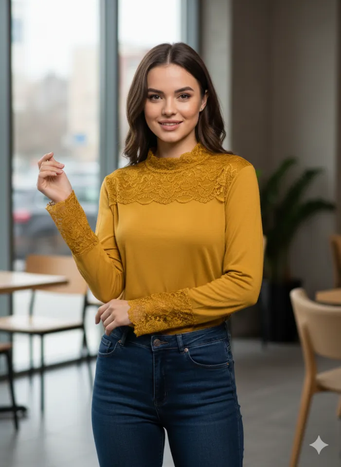 Maletă damă culoare muștar cu dantelă la gât și mâneci