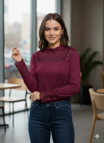 Maletă damă culoare vișiniu cu dantelă la gât și mâneci