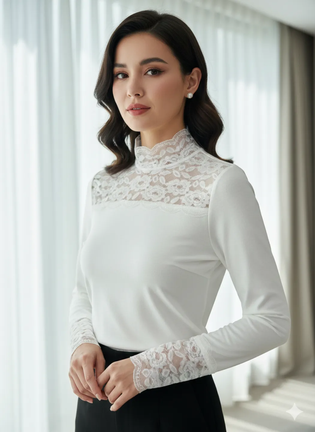 Maletă damă culoare alb cu dantelă la gât și mâneci - 1