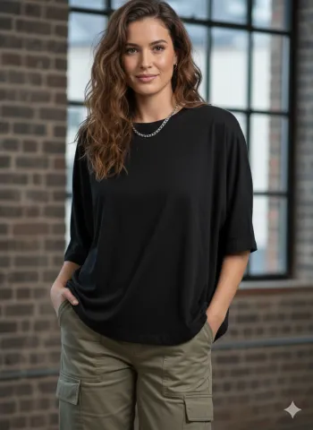 Tricou damă oversize negru cu mânecă fluture