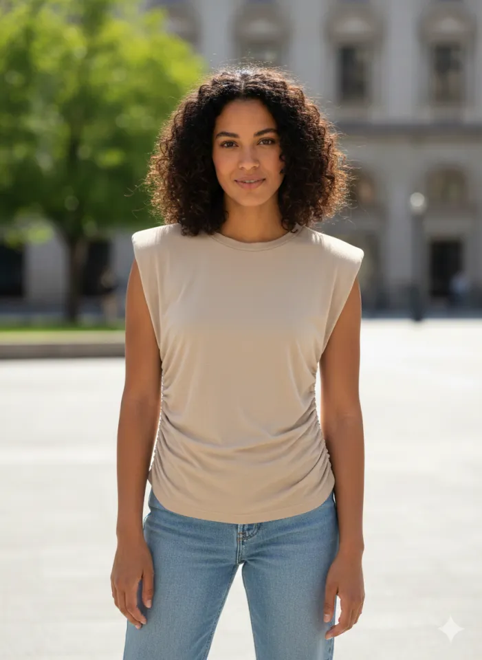 Tricou damă fără mâneci crem cu pense elastice laterale