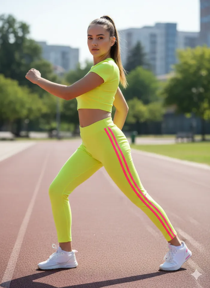 Colanți damă de casă verde neon cu dungi laterale roz neon