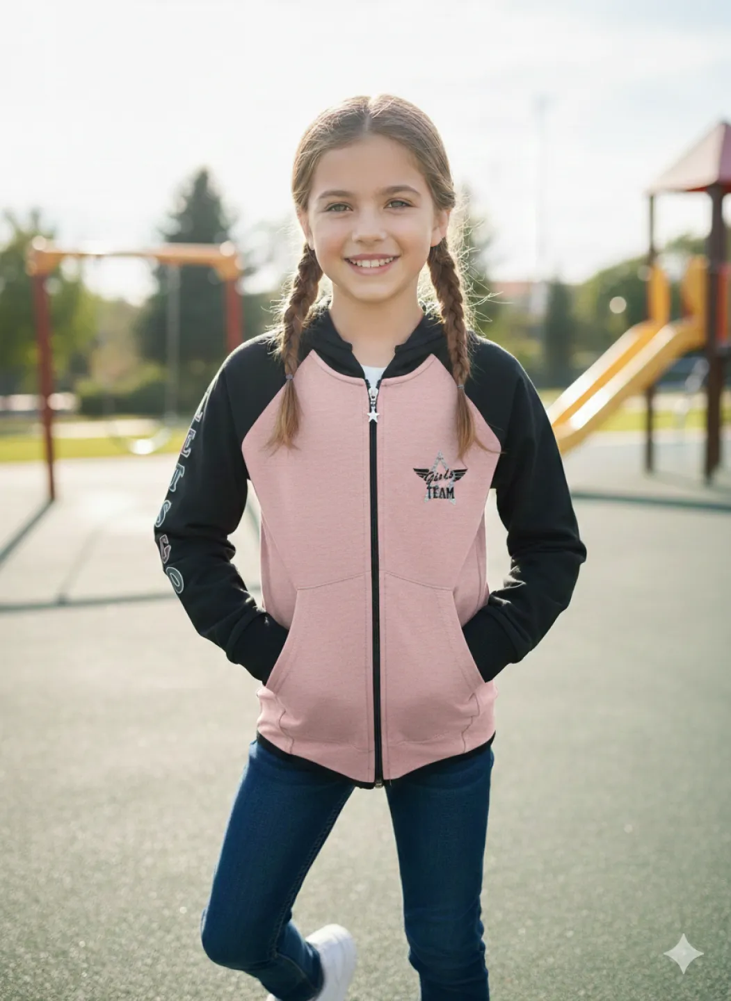 Hanorac copii fetițe roz pal și imprimeu steluta „Girls Team” - 1