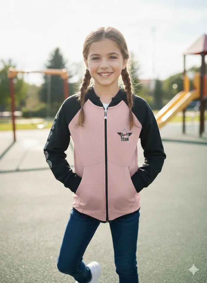 Hanorac copii fetițe roz pal și imprimeu steluta „Girls Team”