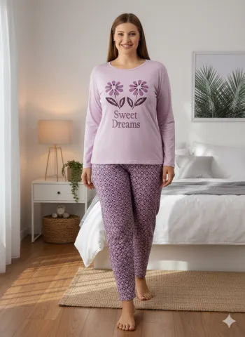 Pijama damă mov deschis cu imprimeu flori „Sweet Dreams”