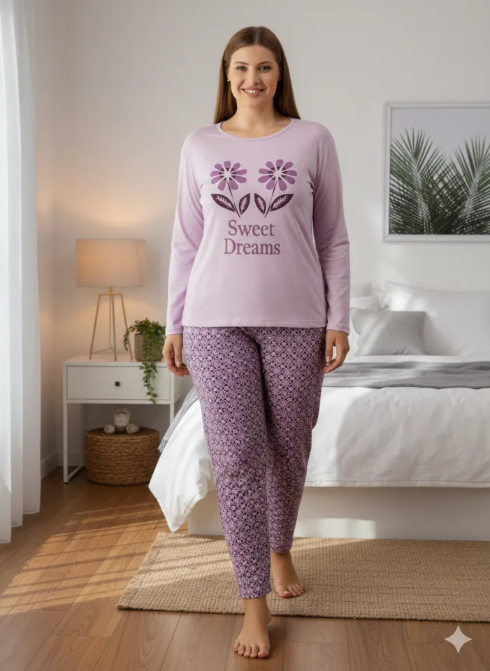 Pijama damă mov deschis cu imprimeu flori „Sweet Dreams”
