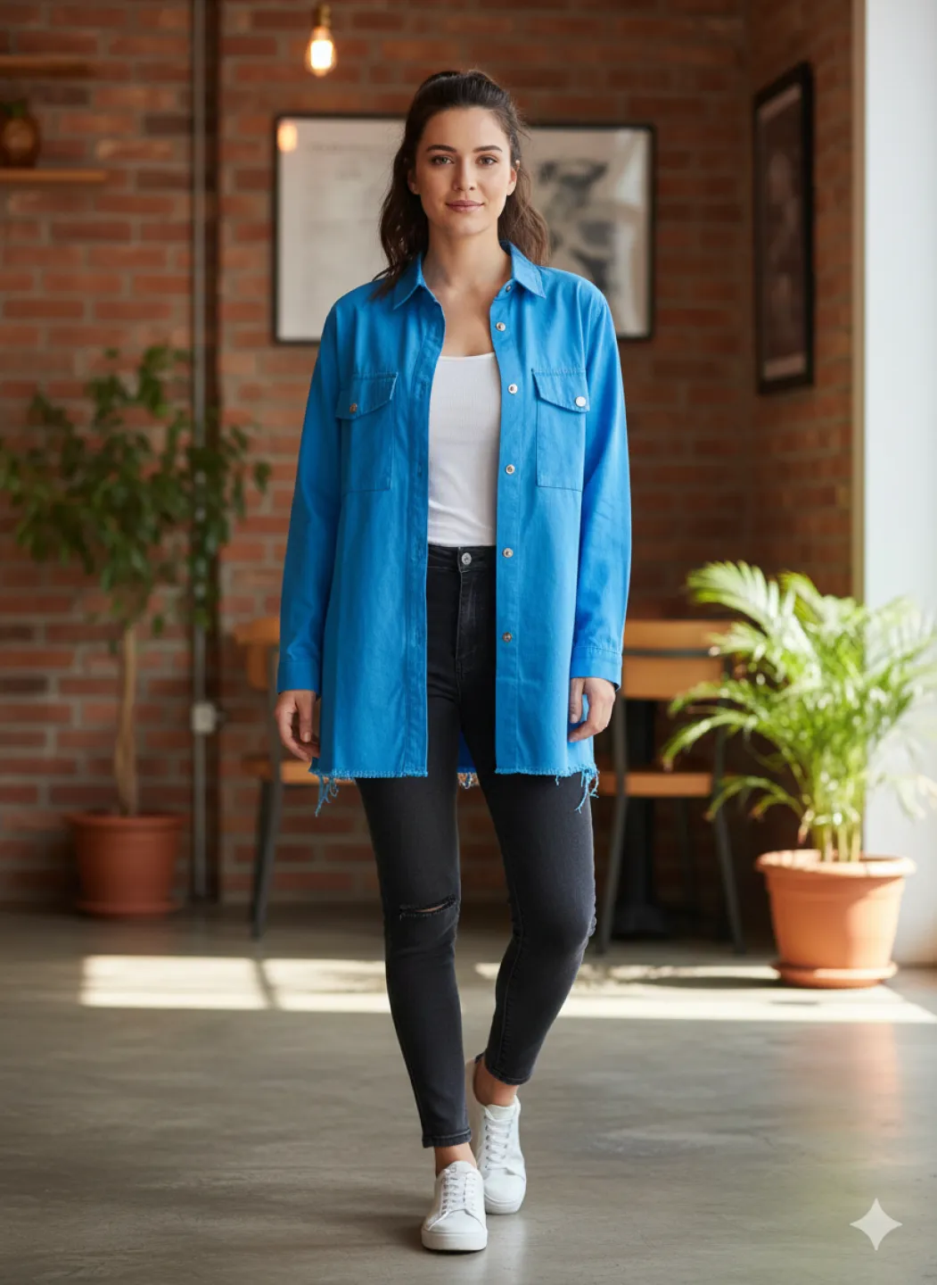 Cămașă denim damă albastră cu capse și buzunare la piept - 1