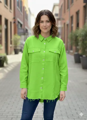 Cămașă denim damă verde neon cu capse și buzunare la piept
