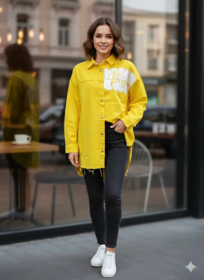 Cămașă denim damă galbenă cu capse și imprimeu „It’s Only an Ilusion”