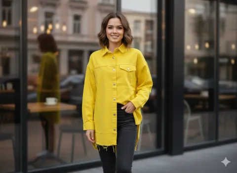 Cămașă denim damă galbenă cu capse și buzunare la piept