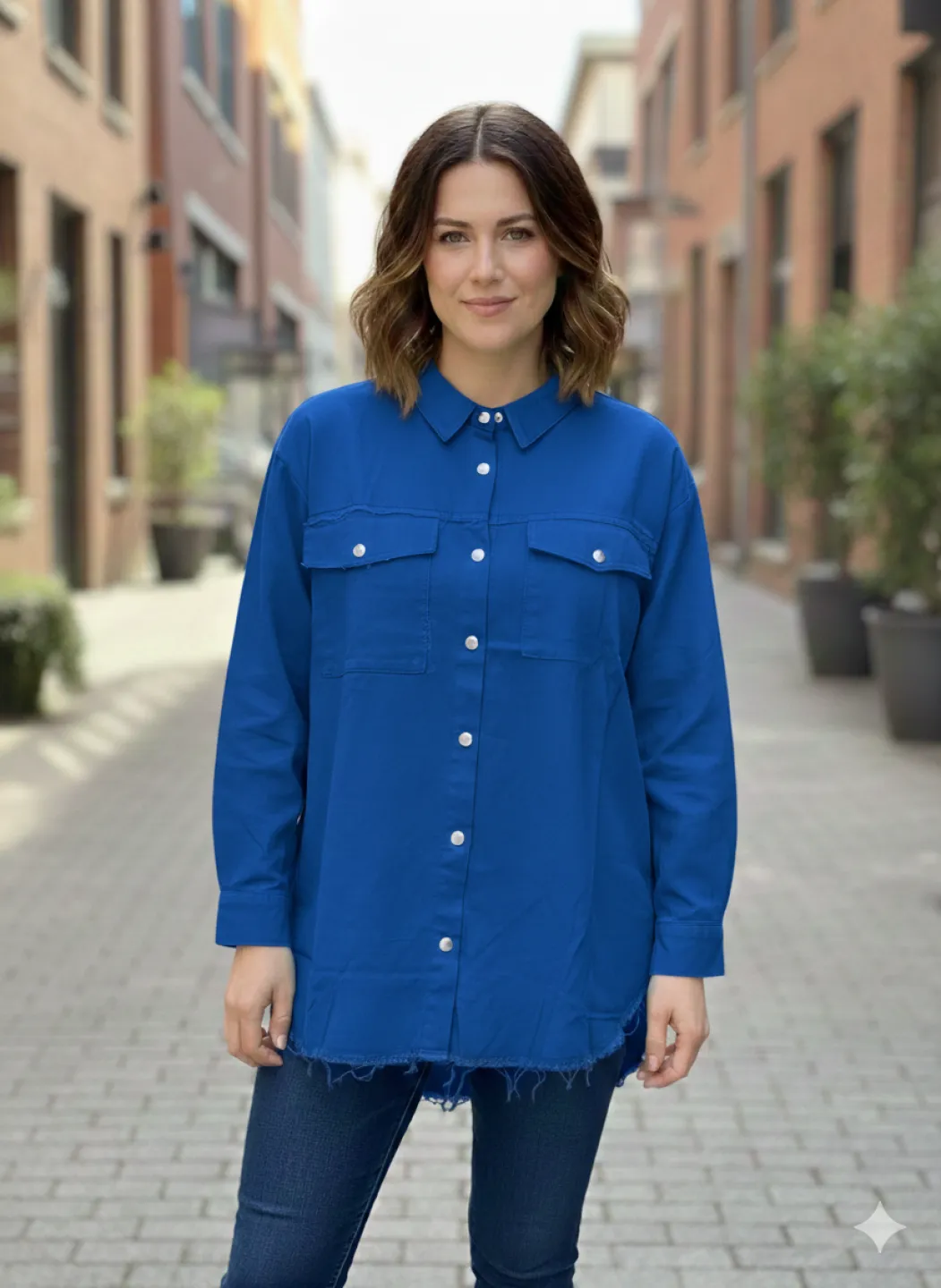 Cămașă denim damă albastru închis cu capse și buzunare la piept - 1