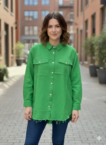 Cămașă denim damă verde cu capse și buzunare la piept