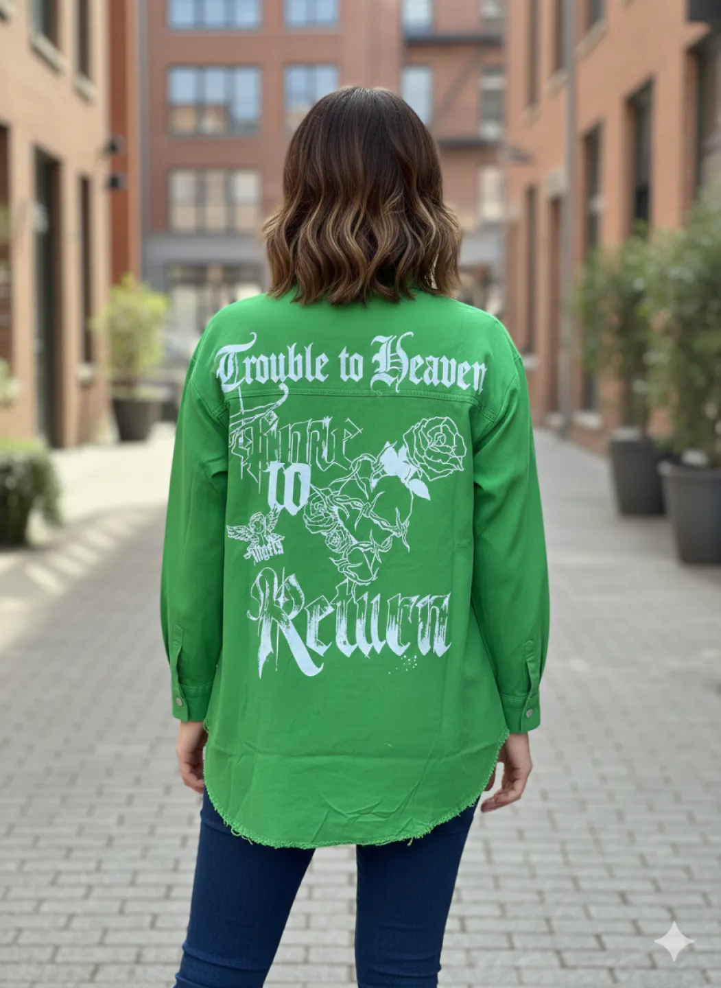 Cămașă denim damă verde cu capse și imprimeu „It’s Only an Ilusion” - 2