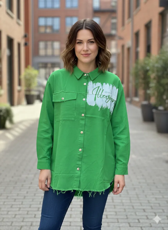 Cămașă denim damă verde cu capse și imprimeu „It’s Only an Ilusion”