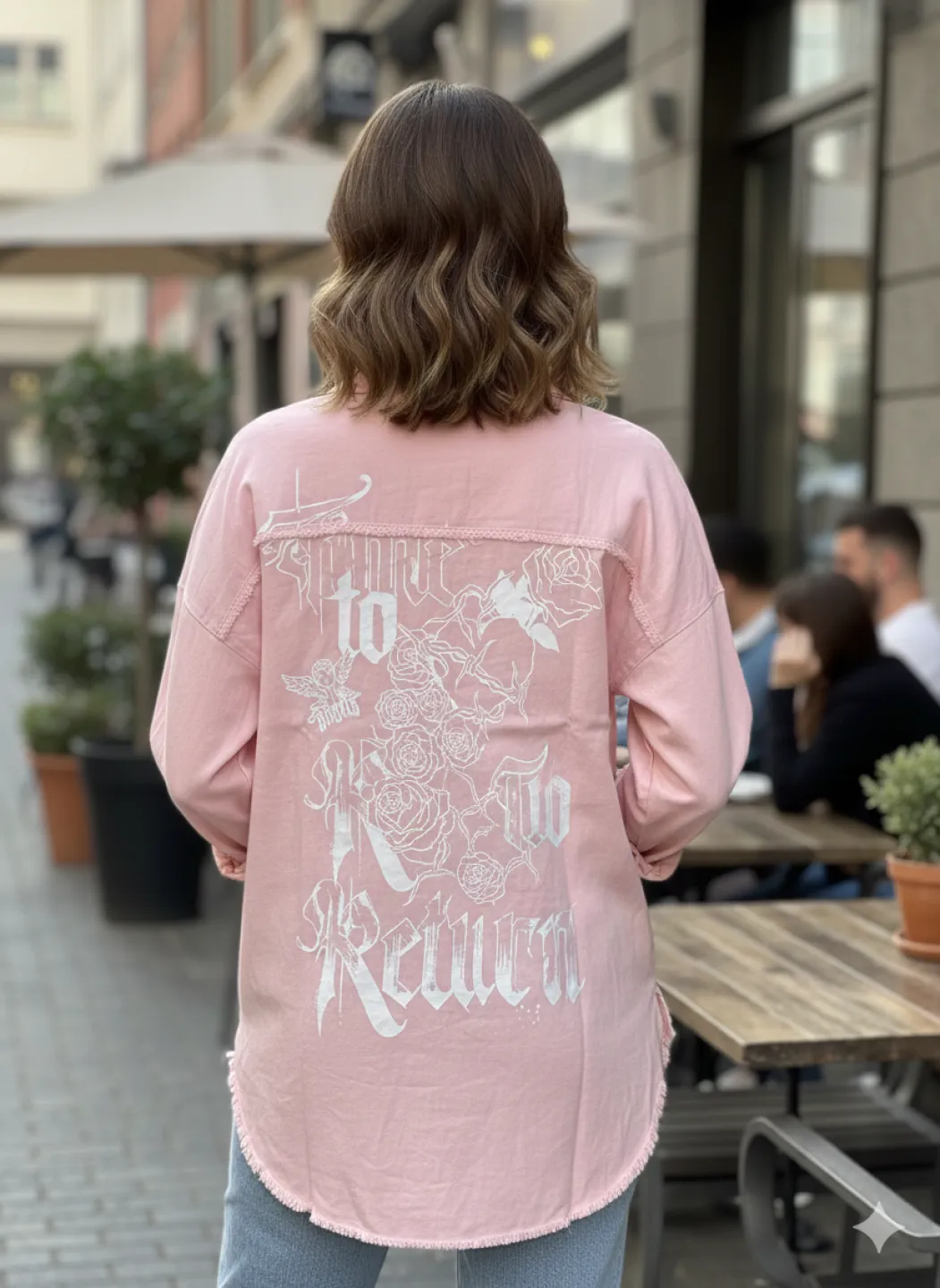 Cămașă denim damă roz cu capse și imprimeu „It’s Only an Ilusion” - 2