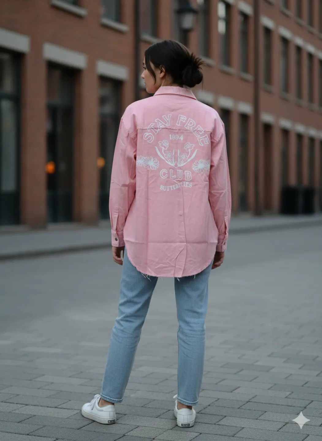 Cămașă denim damă roz cu capse și imprimeu „Love Insensitize” - 2