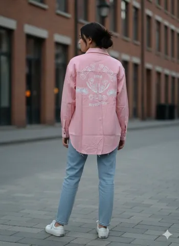 Cămașă denim damă roz cu capse și imprimeu „Love Insensitize” hover