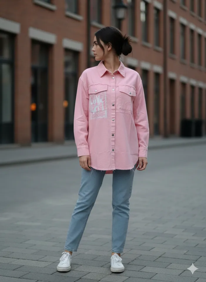 Cămașă denim damă roz cu capse și imprimeu „Love Insensitize”