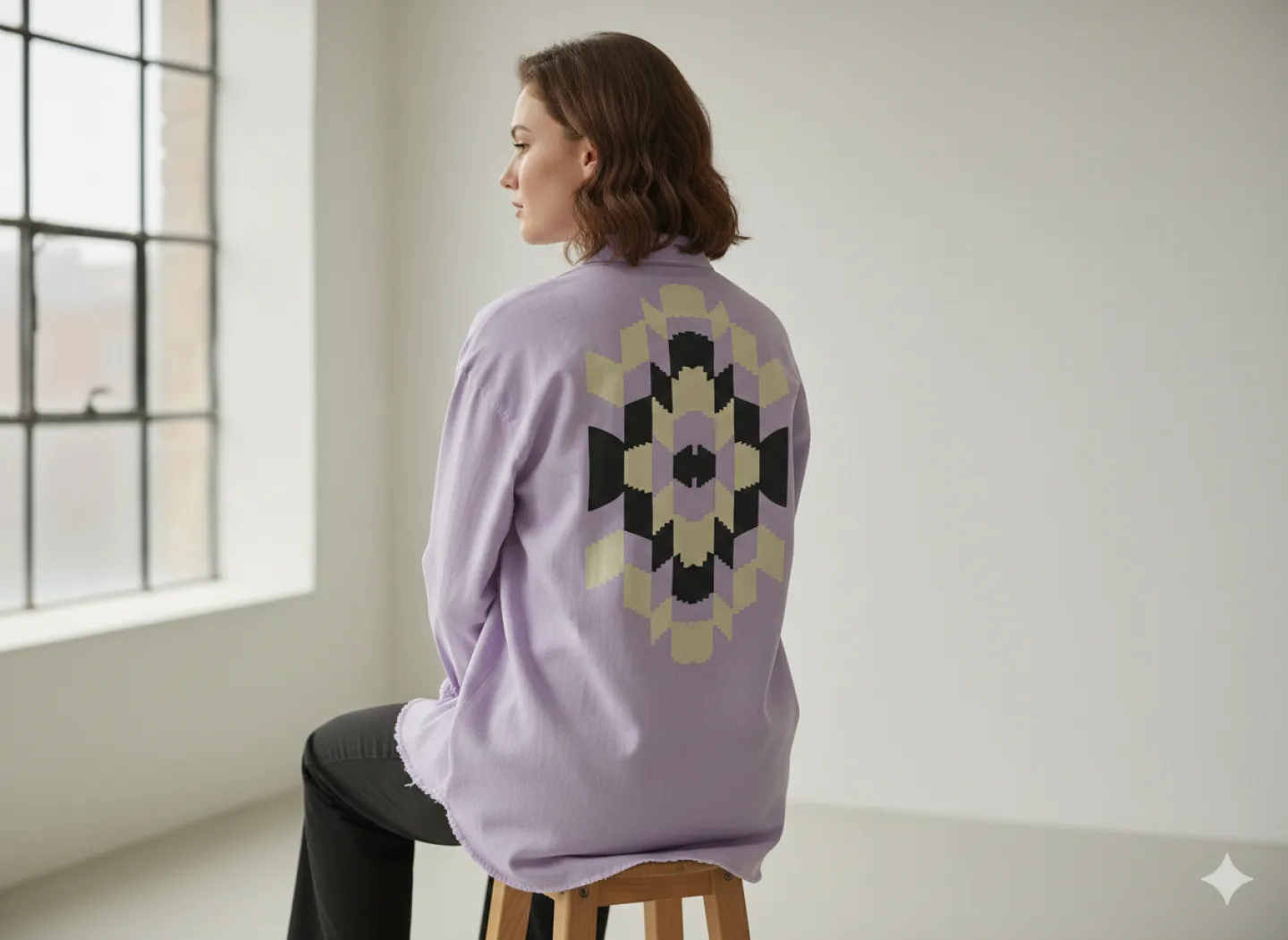 Cămașă denim damă lila cu nasturi și imprimeu pe spate și mâneci - 2