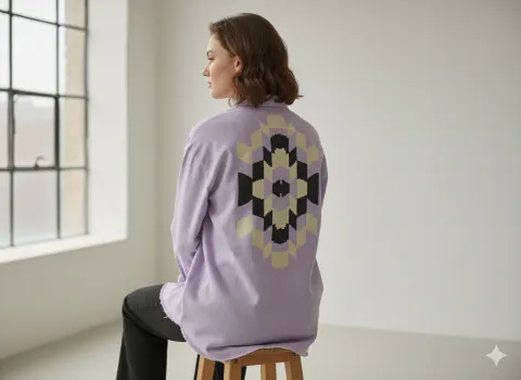 Cămașă denim damă lila cu nasturi și imprimeu pe spate și mâneci hover