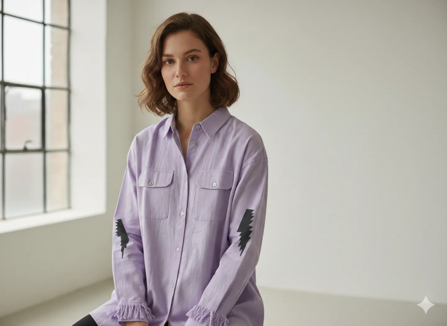 Cămașă denim damă lila cu nasturi și imprimeu pe spate și mâneci - 1