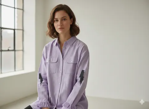 Cămașă denim damă lila cu nasturi și imprimeu pe spate și mâneci