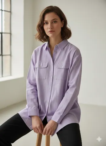 Cămașă denim damă lila cu capse și buzunare