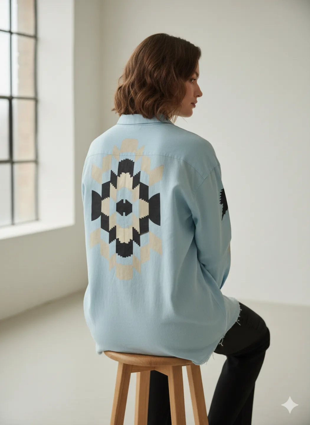 Cămașă denim damă bleu cu nasturi și imprimeu pe spate și mâneci - 2