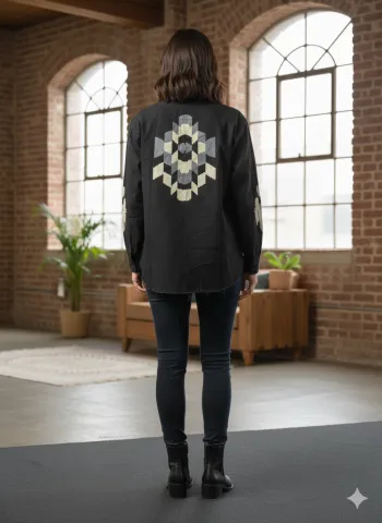 Cămașă denim damă neagră cu nasturi și imprimeu pe spate și mâneci hover