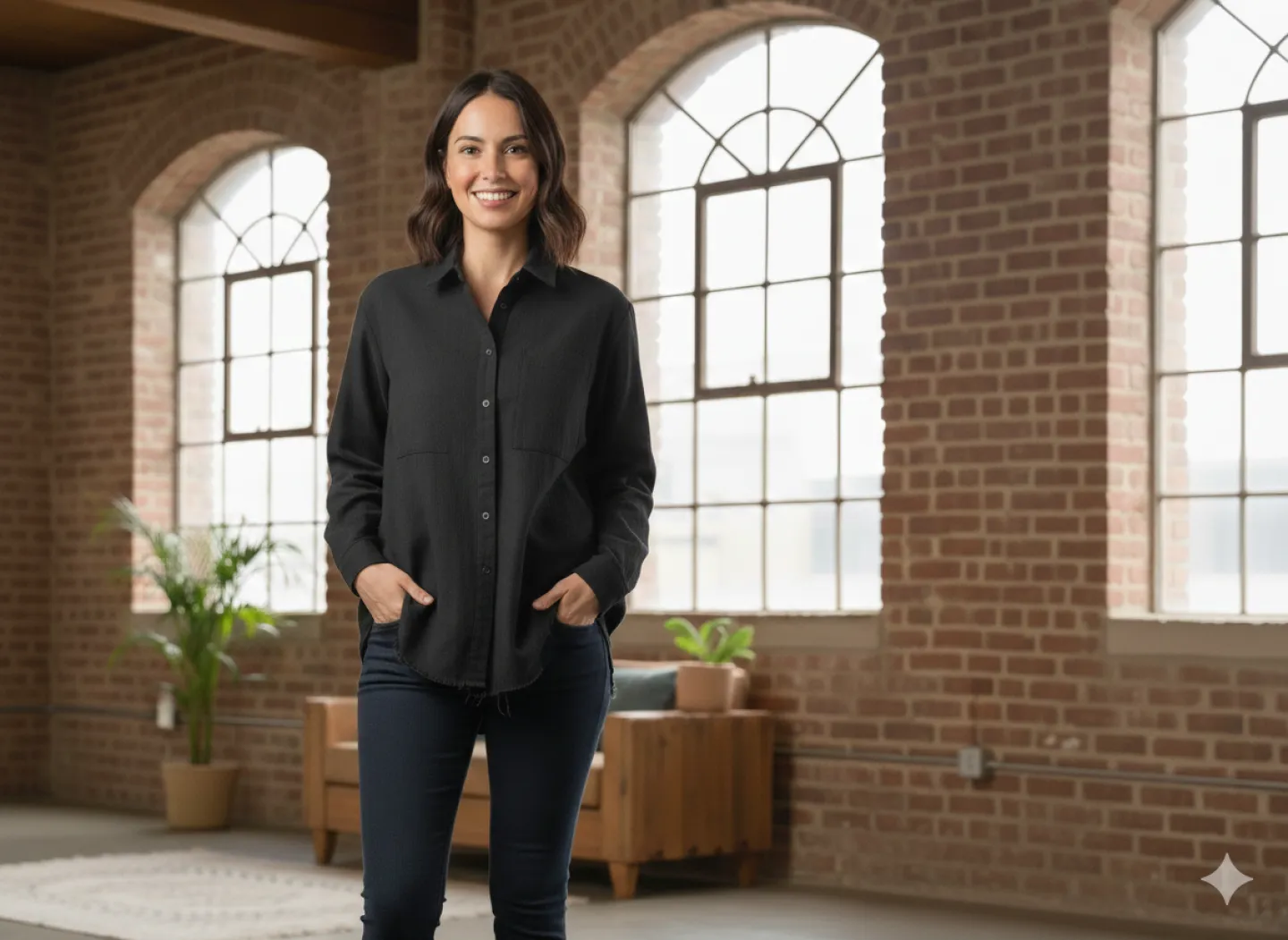 Cămașă denim damă neagră cu nasturi și imprimeu pe spate și mâneci - 1