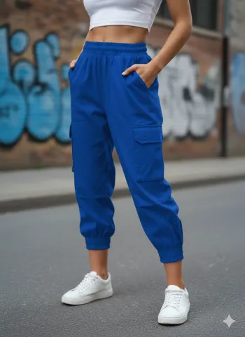 Pantaloni denim damă albastru închis cu elastic și șiret