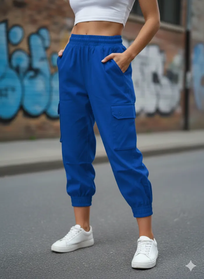 Pantaloni denim damă albastru închis cu elastic și șiret