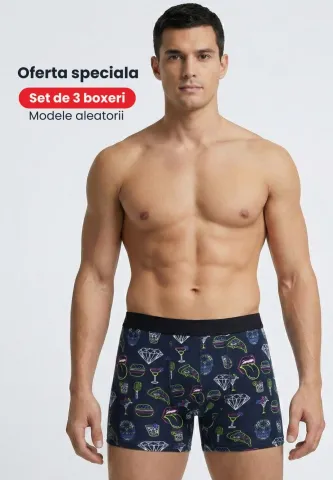 Set 3 boxeri bărbați premium – modele aleatorii, simpli și colorați, cu imprimeuri hover