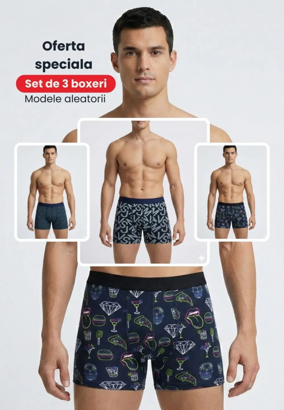 Set 3 boxeri bărbați premium – modele aleatorii, simpli și colorați, cu imprimeuri - 1