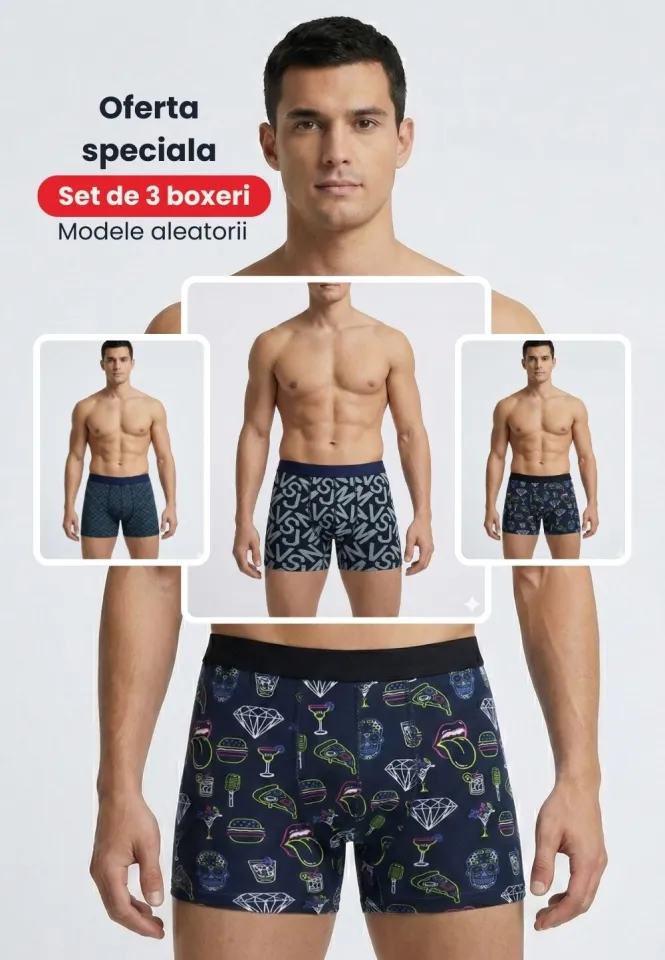 Set 3 boxeri bărbați premium – modele aleatorii, simpli și colorați, cu imprimeuri