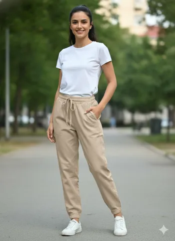 Pantaloni denim damă crem cu elastic și șiret