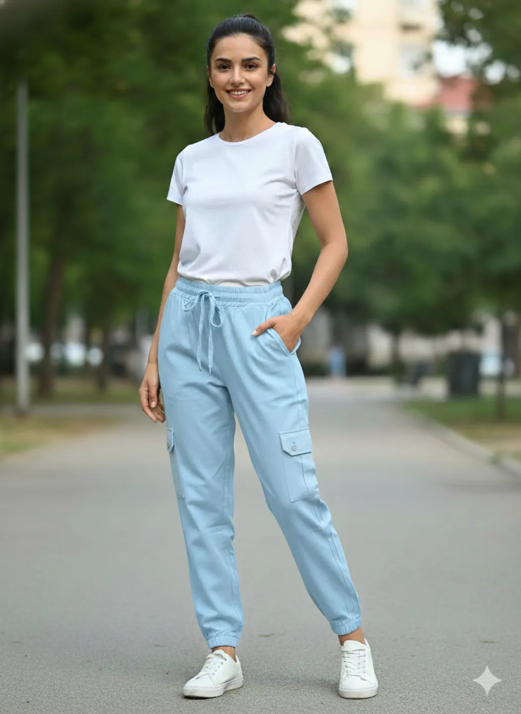 Pantaloni denim cargo damă bleu cu elastic și buzunare laterale - 1