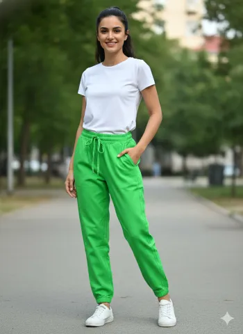 Pantaloni din denim damă verzi cu elastic și șiret