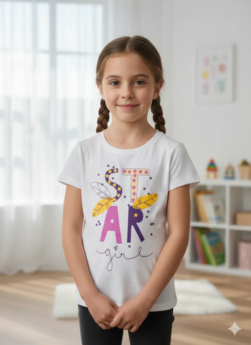 Tricou copii fetițe alb cu imprimeu colorat „STAR” - 1