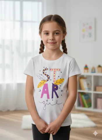 Tricou copii fetițe alb cu imprimeu colorat „STAR”