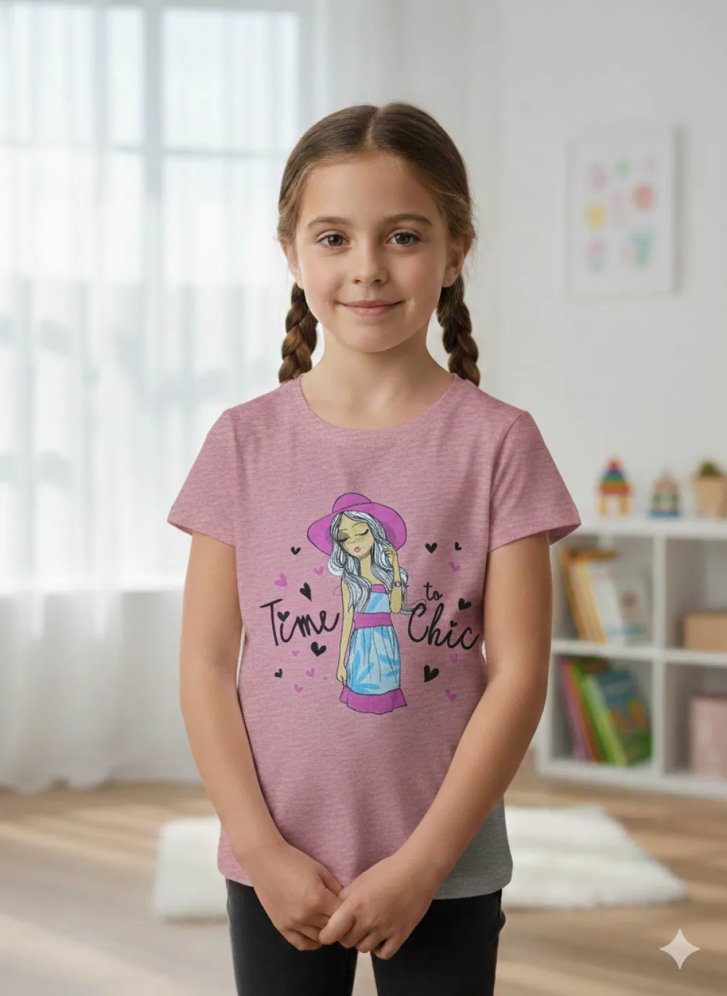 Tricou copii fetițe roz cu imprimeu „Time Chic” - 1