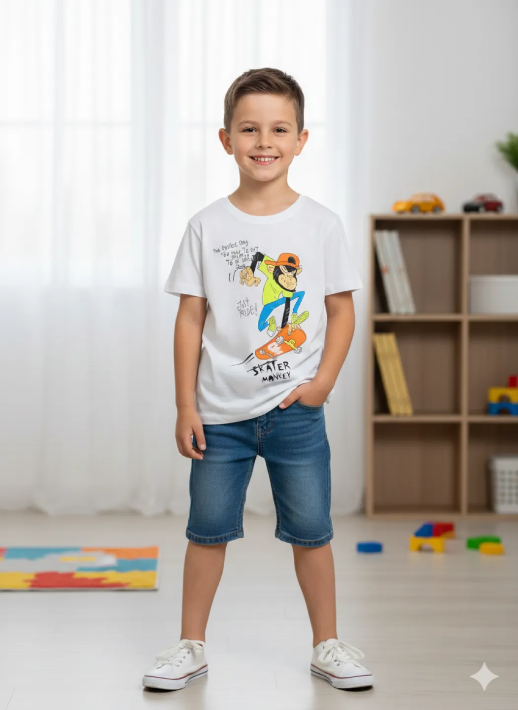 Tricou copii băieți alb cu imprimeu „Skater Monkey” - 1