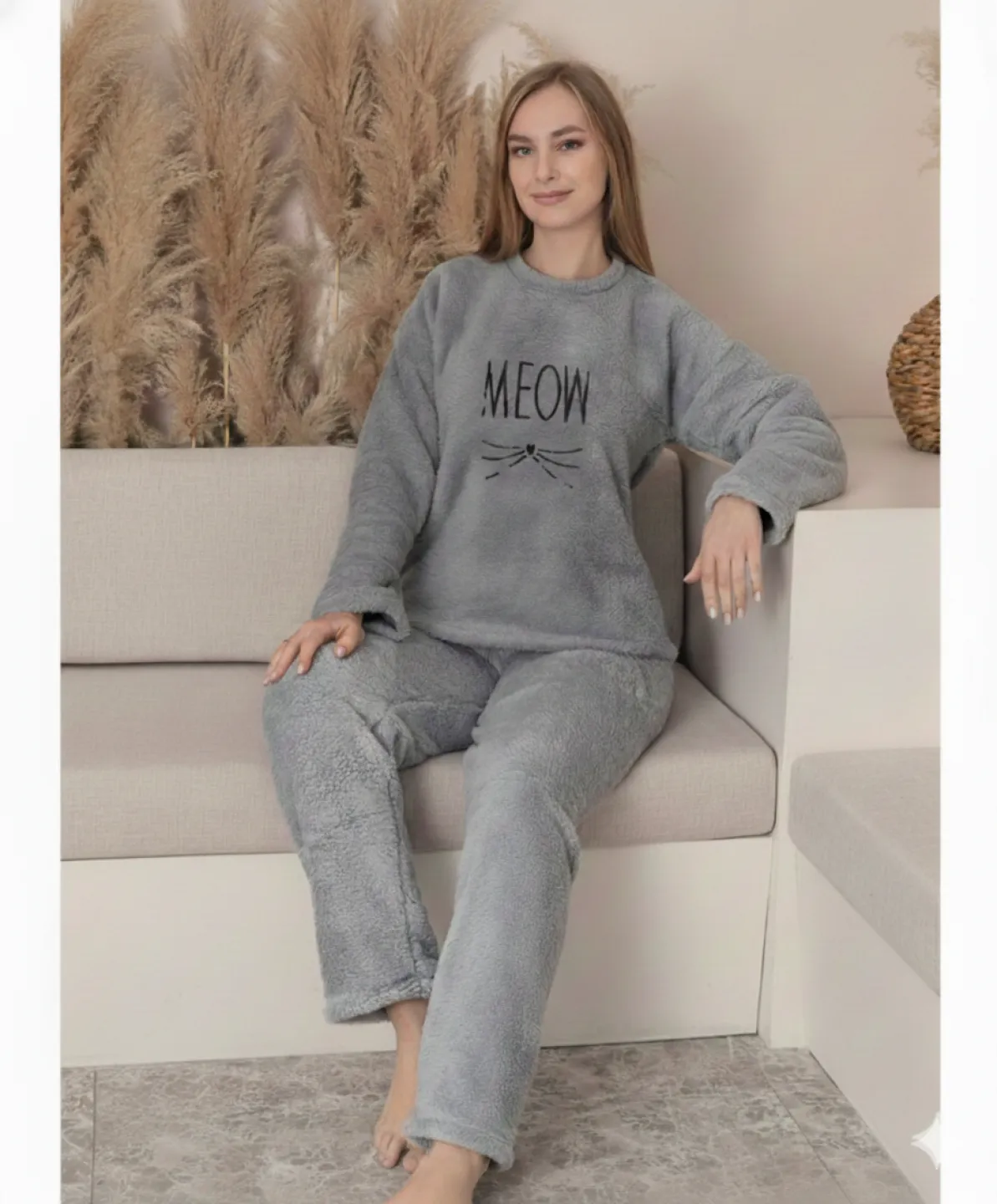 Pijamale damă cocolino gri închis cu imprimeu „Meow” - 1