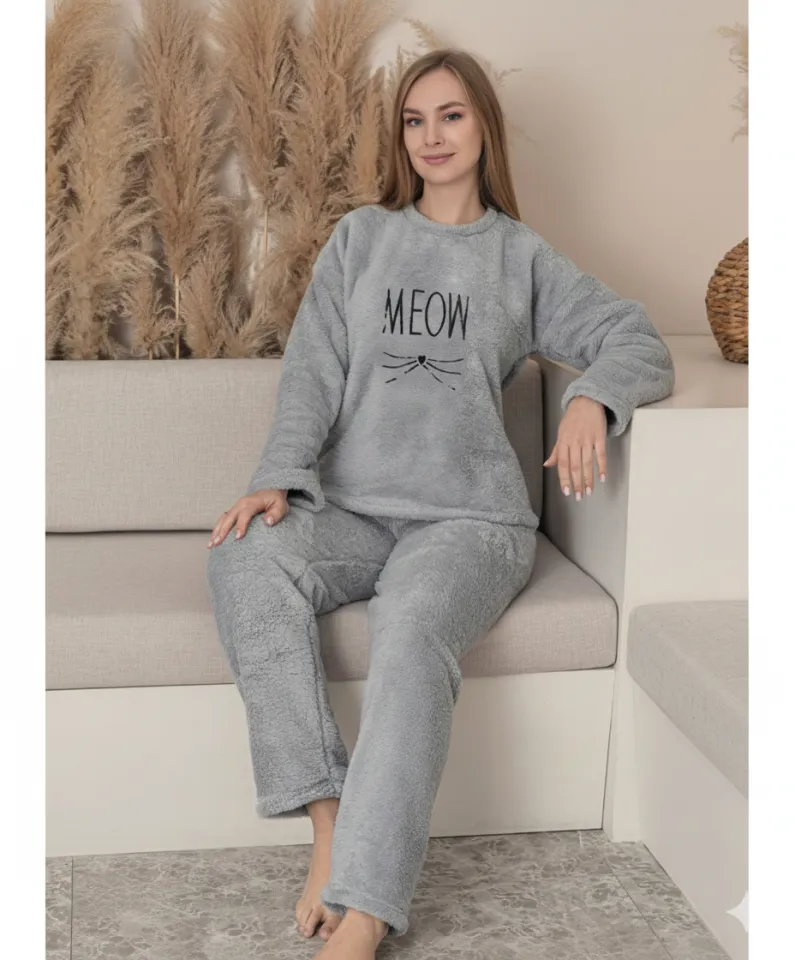 Pijamale damă cocolino gri deschis cu imprimeu „Meow”