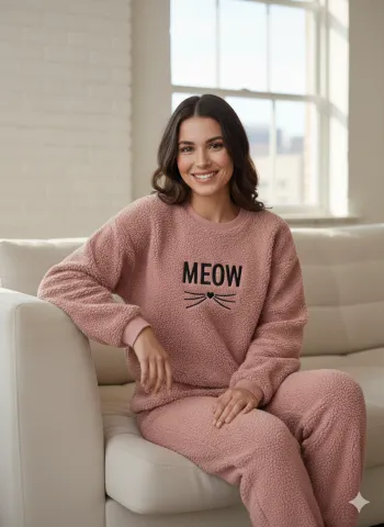 Pijamale damă cocolino roz pudră cu imprimeu „Meow”