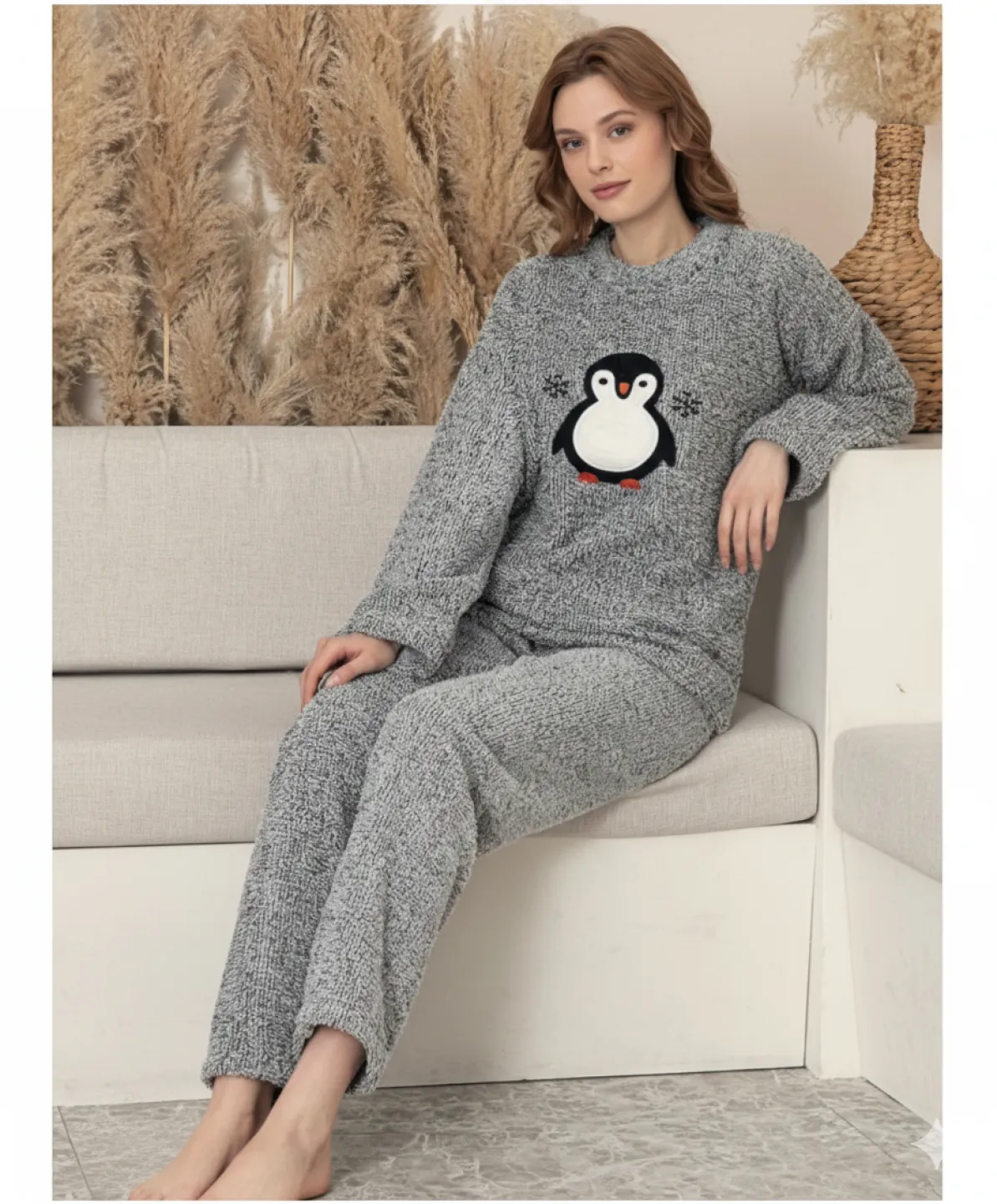 Pijamale damă cocolino gri deschis cu imprimeu pinguin - 1